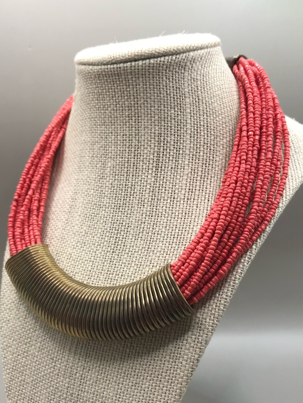 Treska Coral Multi-Strand Bead Necklace with Antique Bronze Coil Tubes - Picture 3 of 8